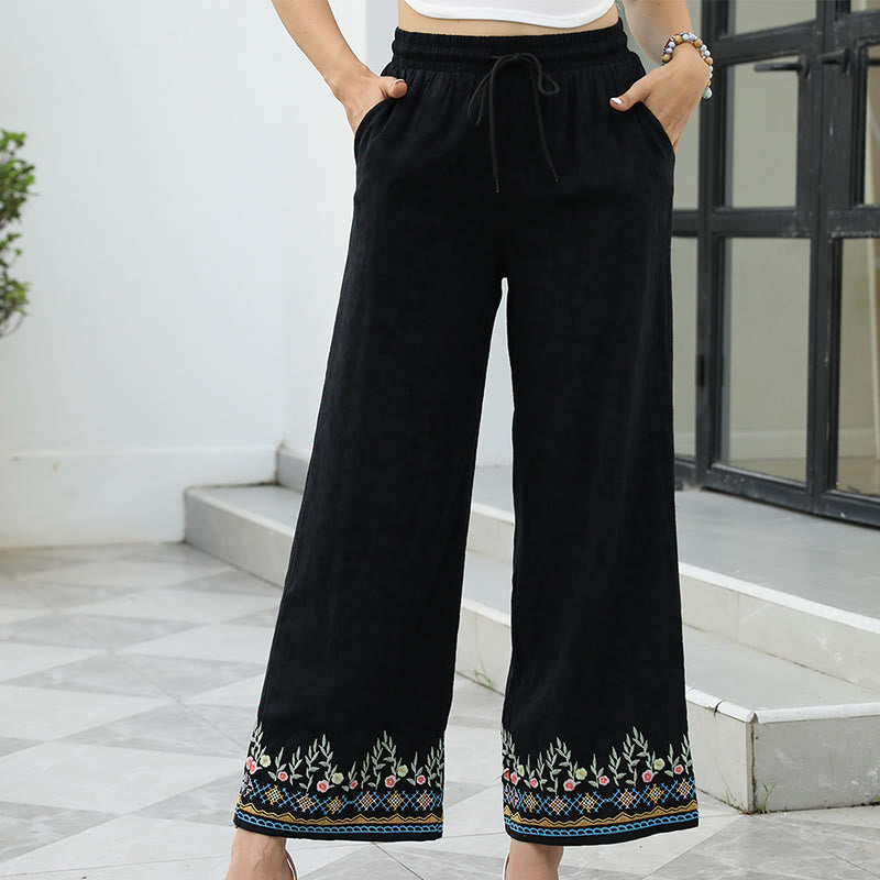 Buddha Stones Pantalones de lino y algodón con bordado floral de primavera en color negro para mujer, con cordón y bolsillos. - Negro - US16，UK/AU20，EU48 (3XL) - image 0