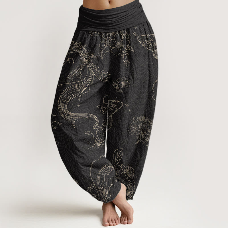 Pantalones harén con cintura elástica para mujer con estampado floral de peces koi y Buddha Stones - Negro - US22，UK/AU26，EU54 (6XL) - image 1