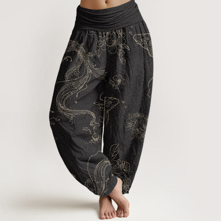 Pantalones harén con cintura elástica para mujer con estampado floral de peces koi y Buddha Stones - Negro - US22，UK/AU26，EU54 (6XL) - image 1