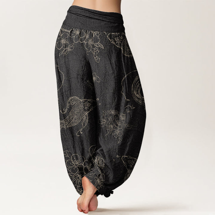 Pantalones bombachos de cintura elástica para mujer con estampado floral de peces koi y piedras de Buddha Stones , de algodón. - image 2