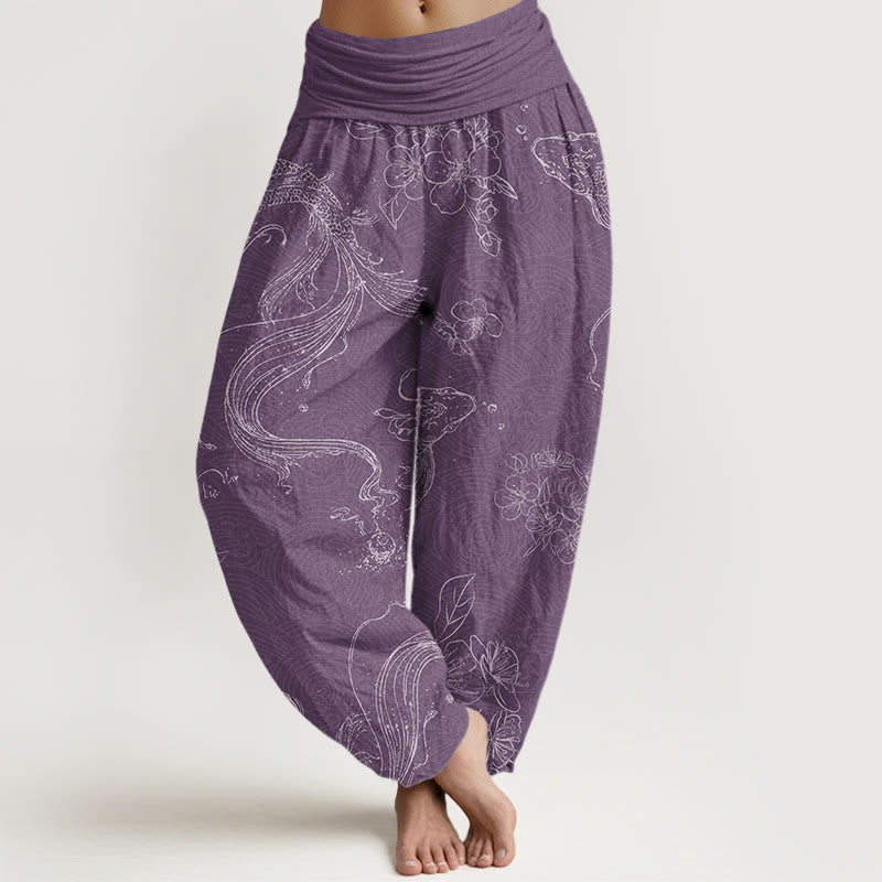 Pantalones harén con cintura elástica para mujer con estampado floral de peces koi y Buddha Stones - Morado medio - US22，UK/AU26，EU54 (6XL) - image 5