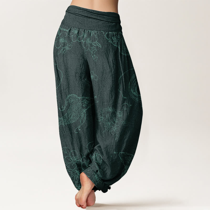 Pantalones harén con cintura elástica para mujer con estampado floral de peces koi y Buddha Stones - image 10