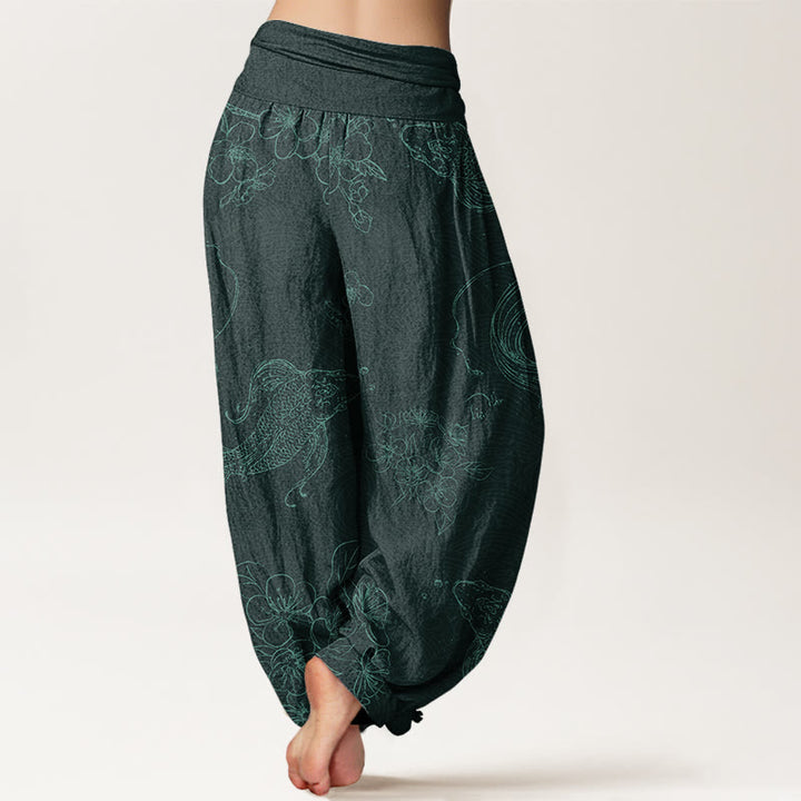 Pantalones bombachos de cintura elástica para mujer con estampado floral de peces koi y piedras de Buddha Stones , de algodón. - image 9
