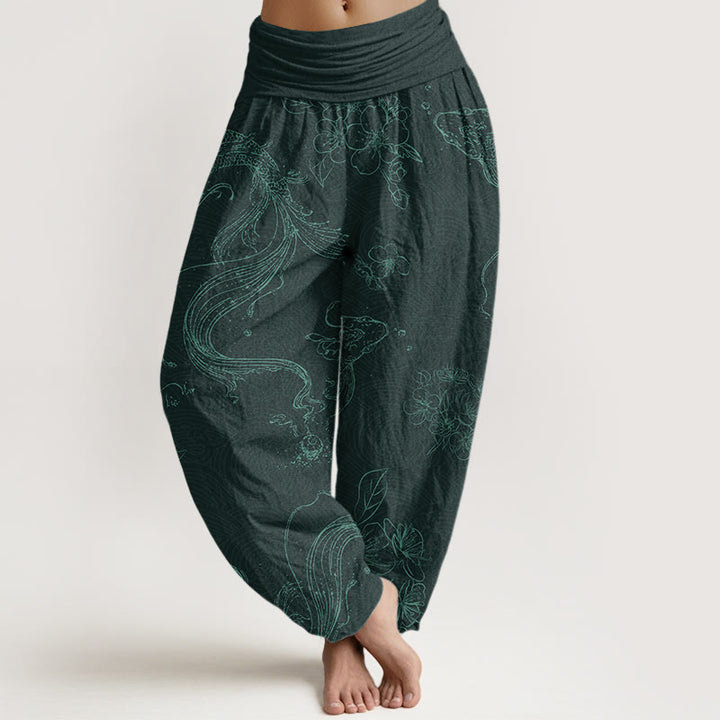 Pantalones harén con cintura elástica para mujer con estampado floral de peces koi y Buddha Stones - Cian oscuro - US22，UK/AU26，EU54 (6XL) - image 8