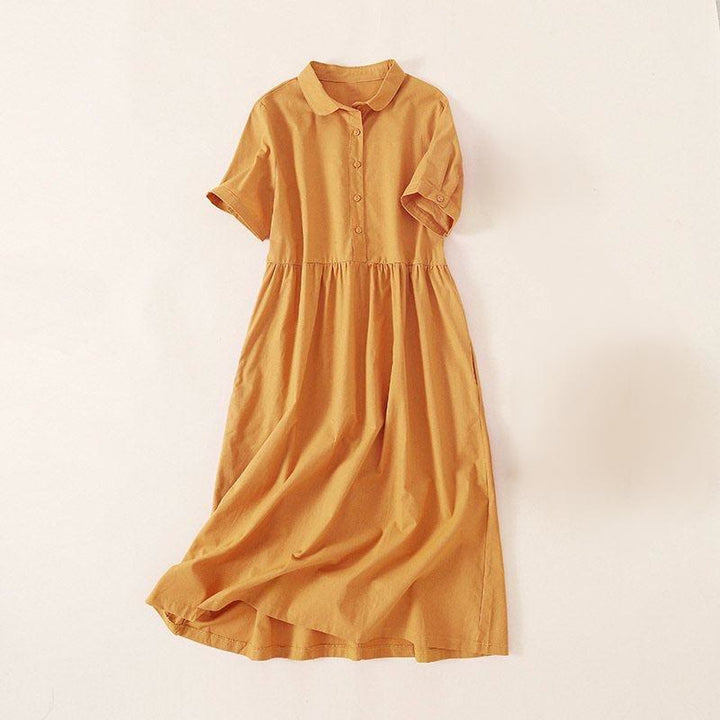 Vestido midi de lino y algodón de manga corta con diseño de botones de verano y bolsillos de Buddha Stones - Amarillo - US12, UK/AU16, EU44 (3XL) - image 18