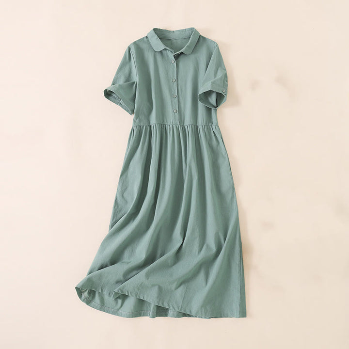 Vestido midi de lino y algodón de manga corta con diseño de botones de verano y bolsillos de Buddha Stones - Verde mar claro - US12, UK/AU16, EU44 (3XL) - image 23