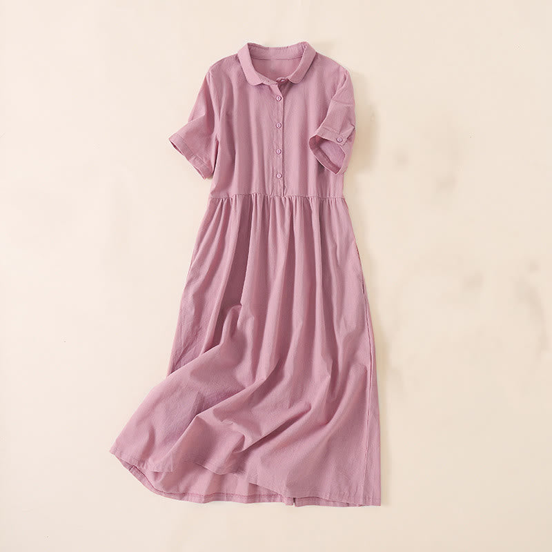 Vestido midi de lino y algodón de manga corta con diseño de botones de verano y bolsillos de Buddha Stones - Rojo violeta pálido - US12, UK/AU16, EU44 (3XL) - image 0
