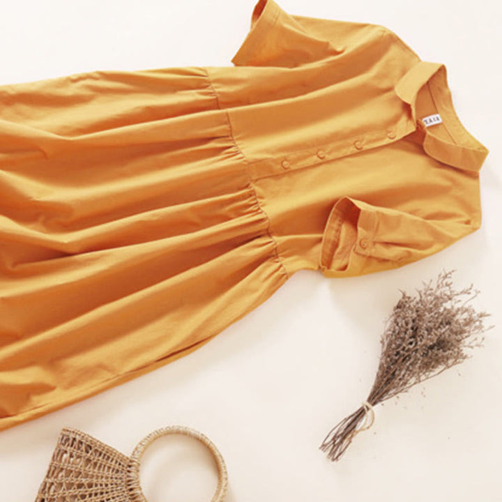 Vestido midi de lino y algodón de manga corta con diseño de botones de verano y bolsillos de Buddha Stones - image 20