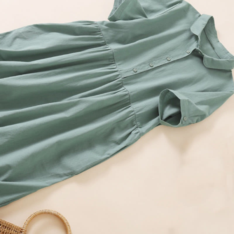 Vestido midi de lino y algodón de manga corta con diseño de botones de verano y bolsillos de Buddha Stones - image 25