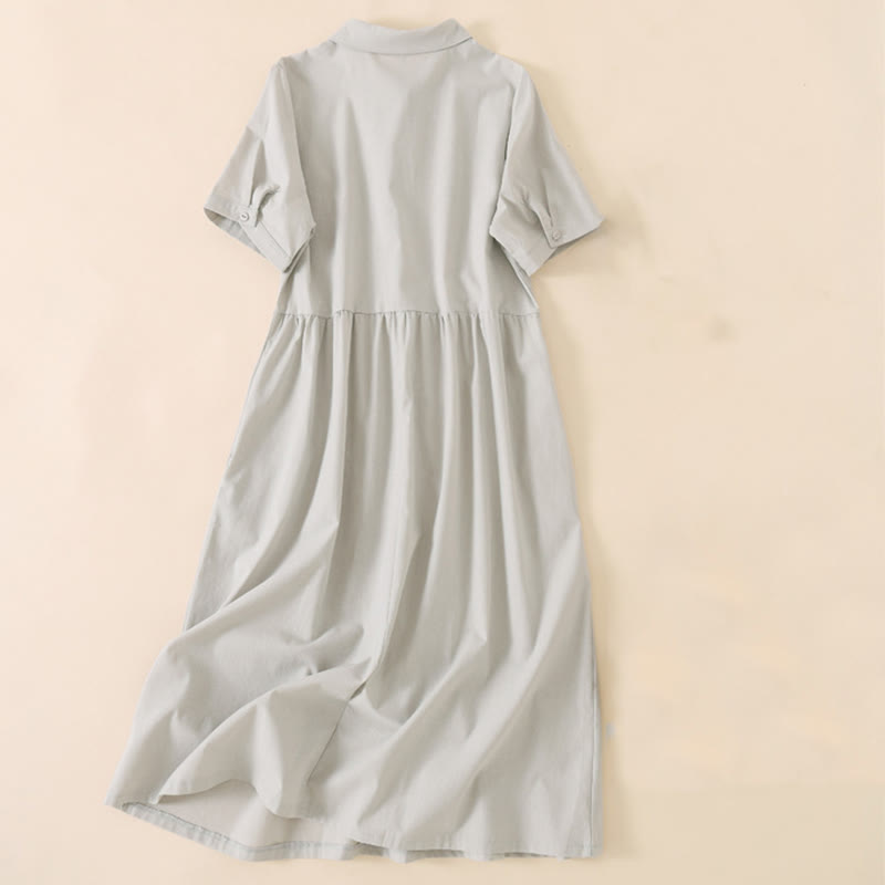 Vestido midi de lino y algodón de manga corta con diseño de botones de verano y bolsillos de Buddha Stones - image 6