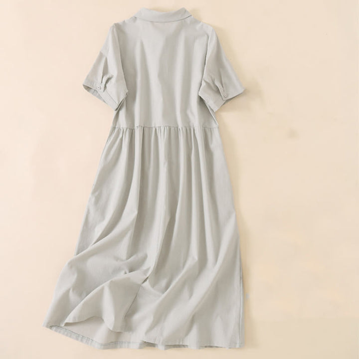 Vestido midi de lino y algodón de manga corta con diseño de botones de verano y bolsillos de Buddha Stones - image 6