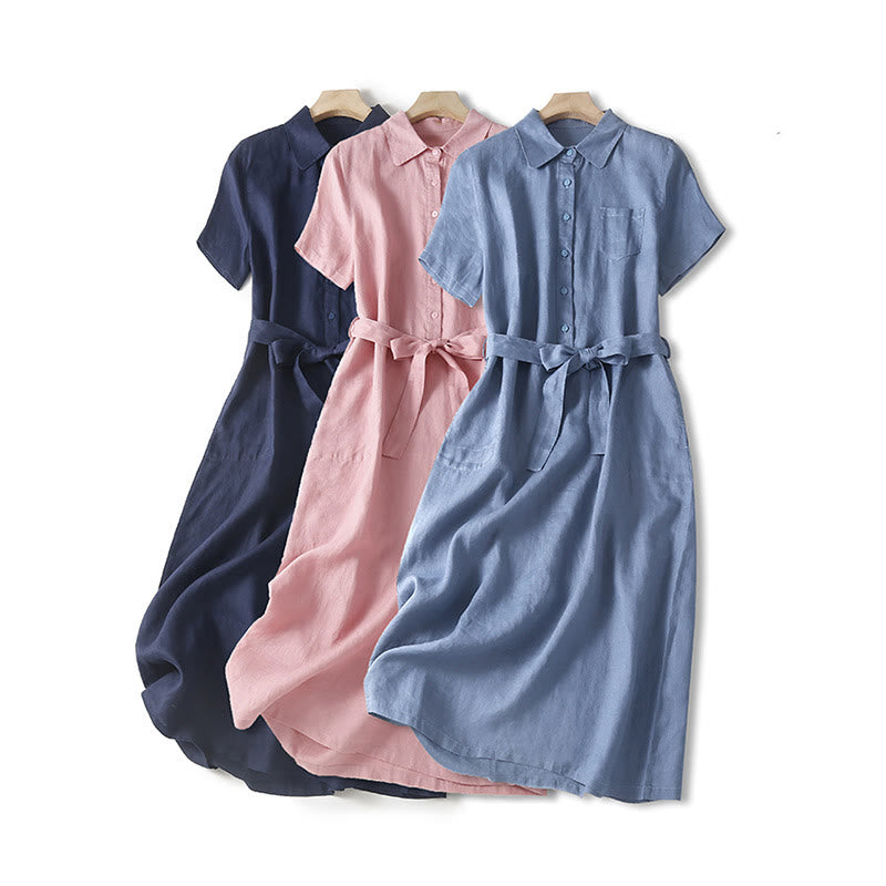 Vestido midi de algodón de manga corta, liso, con cordones y bolsillos , de Buddha Stones, para verano - image 0