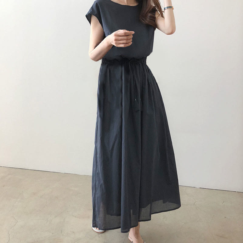 Vestido midi informal de lino y algodón con mangas cortas y diseño de cintura oriental con cordón ajustable y Buddha Stones - Azul acero - US8-10，UK/AU12-14，EU40-42 (2XL) - image 13