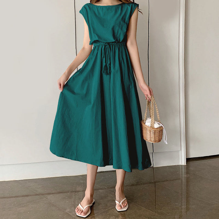 Vestido midi informal de lino y algodón con mangas cortas y diseño de cintura oriental con cordón ajustable y Buddha Stones - Verde mar claro - US8-10，UK/AU12-14，EU40-42 (2XL) - image 22