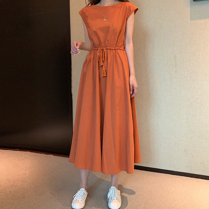 Vestido midi informal de lino y algodón con mangas cortas y diseño de cintura oriental con cordón ajustable y Buddha Stones - Naranja oscuro - US8-10，UK/AU12-14，EU40-42 (2XL) - image 25