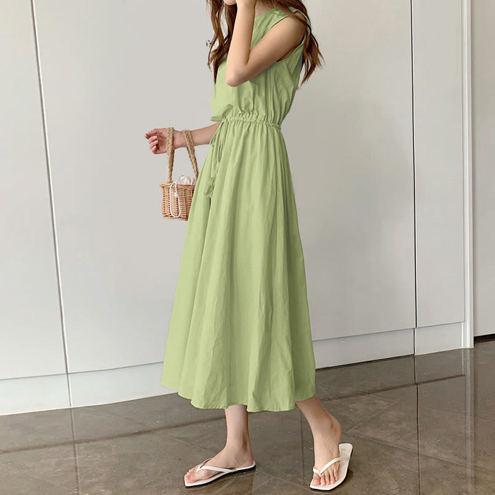 Vestido midi informal de lino y algodón con mangas cortas y diseño de cintura oriental con cordón ajustable y Buddha Stones - Verde claro - US8-10，UK/AU12-14，EU40-42 (2XL) - image 27