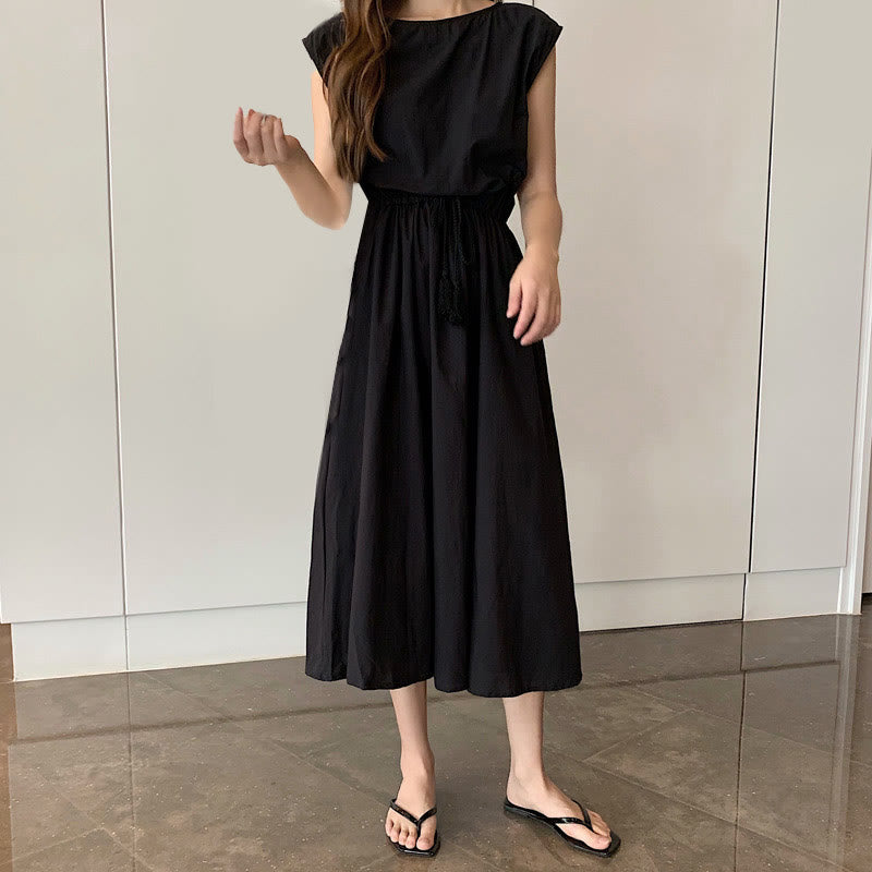 Vestido midi informal de lino y algodón con mangas cortas y diseño de cintura oriental con cordón ajustable y Buddha Stones - Negro - US8-10，UK/AU12-14，EU40-42 (2XL) - image 11