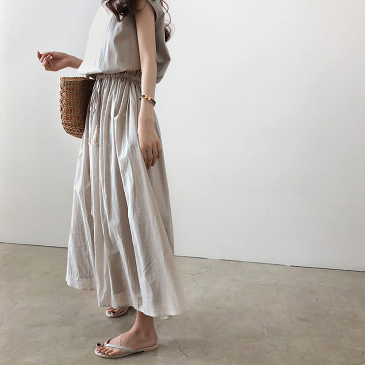 Vestido midi informal de lino y algodón con mangas cortas y diseño de cintura oriental con cordón ajustable y Buddha Stones - image 7