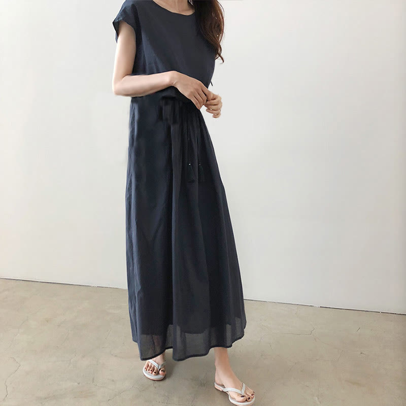 Vestido midi informal de lino y algodón con mangas cortas y diseño de cintura oriental con cordón ajustable y Buddha Stones - image 16