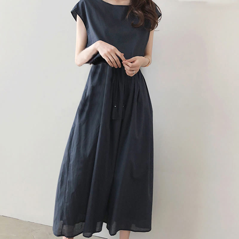 Vestido midi informal de manga corta con diseño de cordón ajustable en la cintura y estampado de Buddha Stones. - image 14