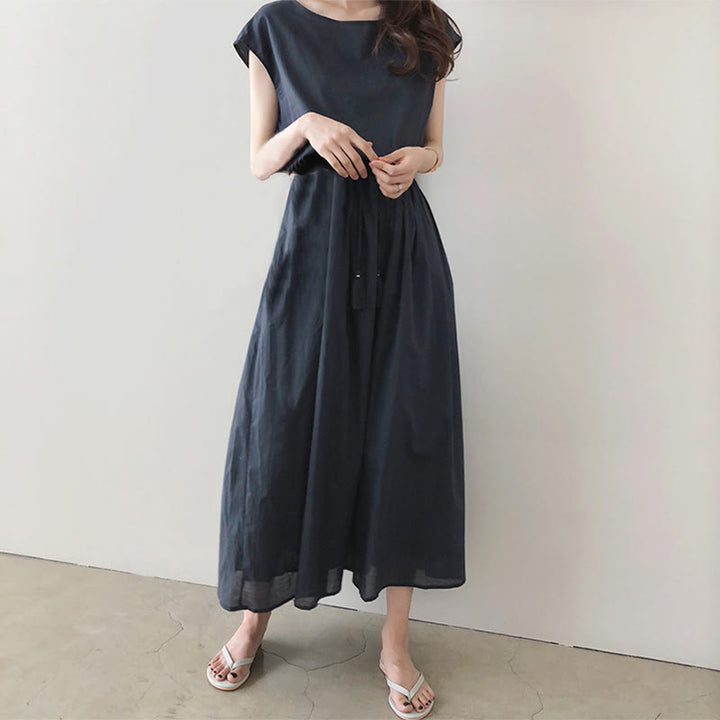 Vestido midi informal de manga corta con diseño de cordón ajustable en la cintura y estampado de Buddha Stones. - image 18