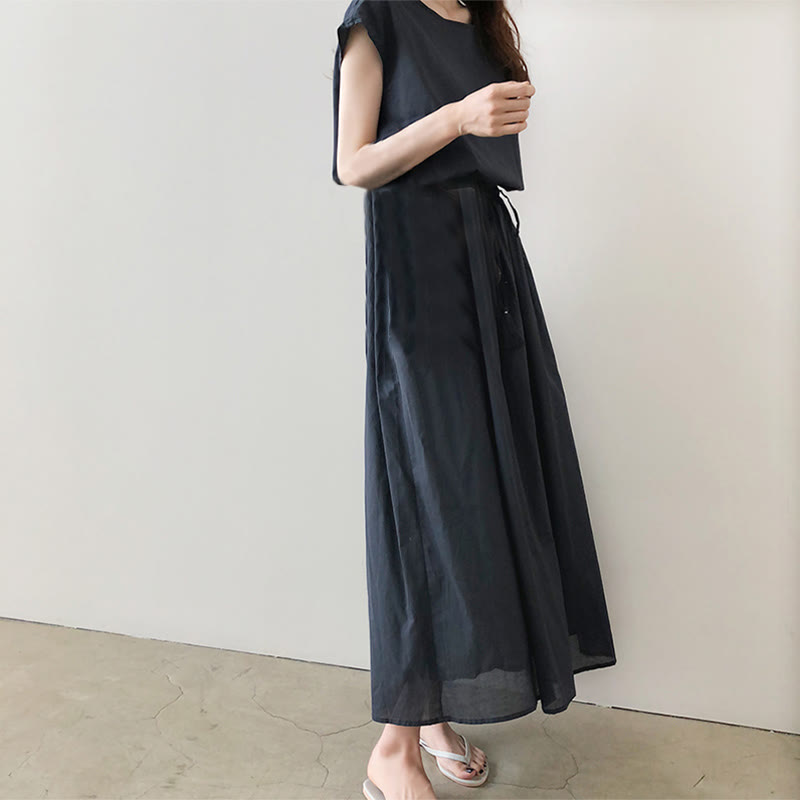 Vestido midi informal de manga corta con diseño de cordón ajustable en la cintura y estampado de Buddha Stones. - image 21