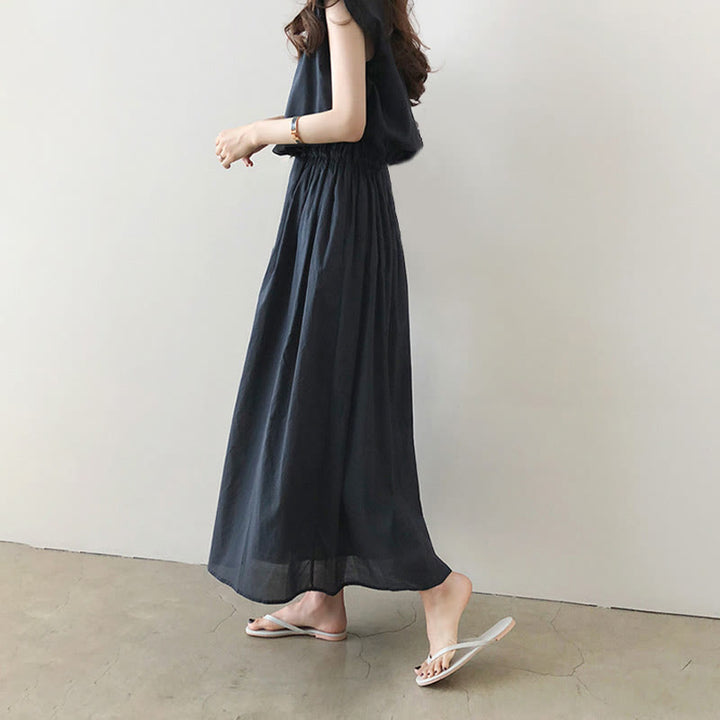 Vestido midi informal de manga corta con diseño de cordón ajustable en la cintura y estampado de Buddha Stones. - image 17