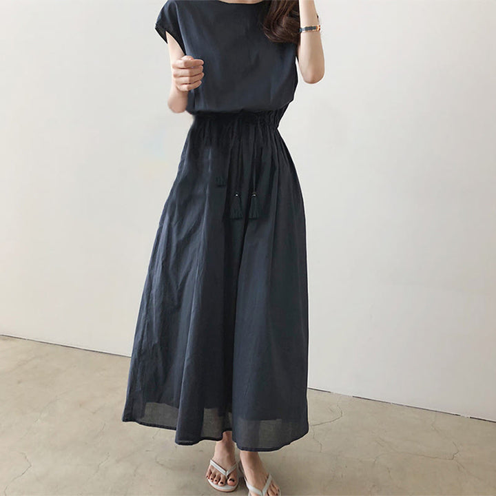 Vestido midi informal de lino y algodón con mangas cortas y diseño de cintura oriental con cordón ajustable y Buddha Stones - image 15