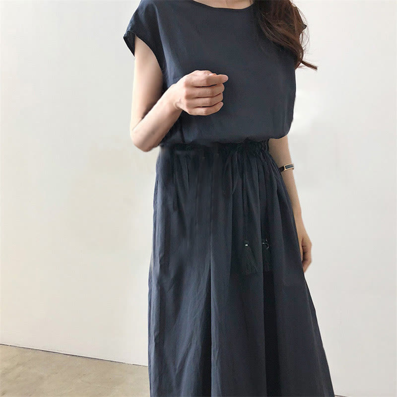 Vestido midi informal de manga corta con diseño de cordón ajustable en la cintura y estampado de Buddha Stones. - image 21