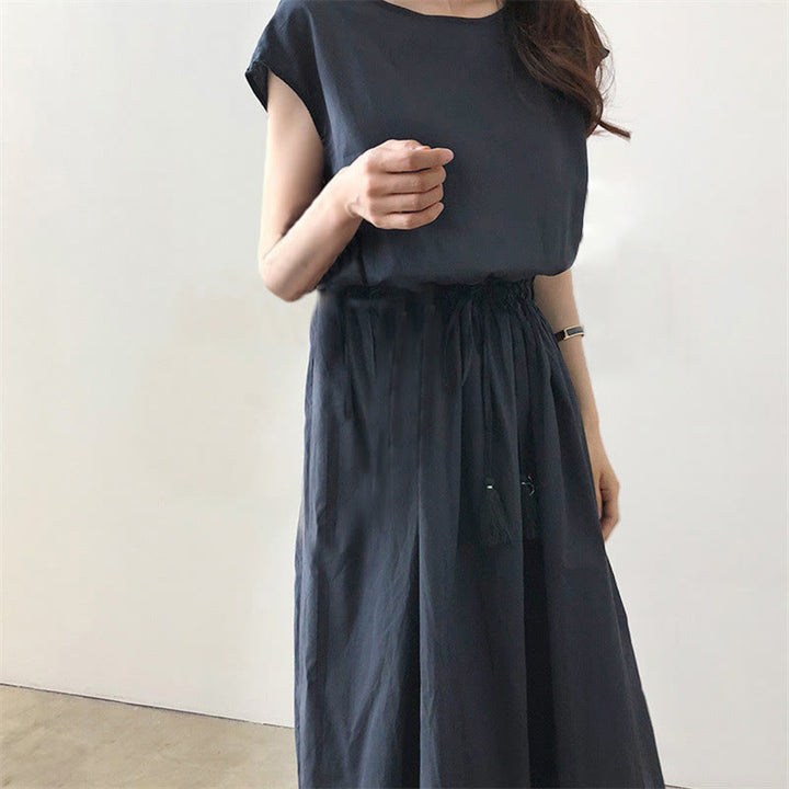 Vestido midi informal de manga corta con diseño de cordón ajustable en la cintura y estampado de Buddha Stones. - image 21