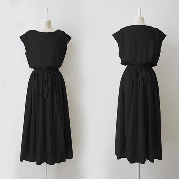 Vestido midi informal de manga corta con diseño de cordón ajustable en la cintura y estampado de Buddha Stones. - image 13
