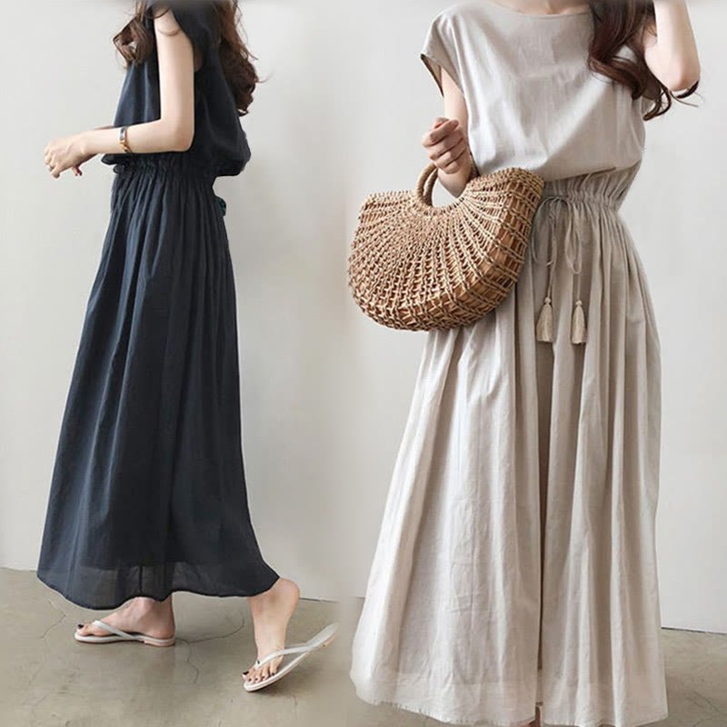 Vestido midi informal de lino y algodón con mangas cortas y diseño de cintura oriental con cordón ajustable y Buddha Stones - image 10