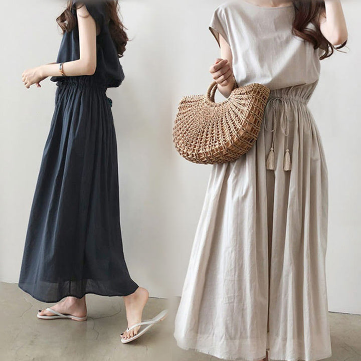 Vestido midi informal de lino y algodón con mangas cortas y diseño de cintura oriental con cordón ajustable y Buddha Stones - image 10