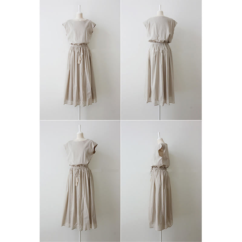 Vestido midi informal de manga corta con diseño de cordón ajustable en la cintura y estampado de Buddha Stones. - image 9