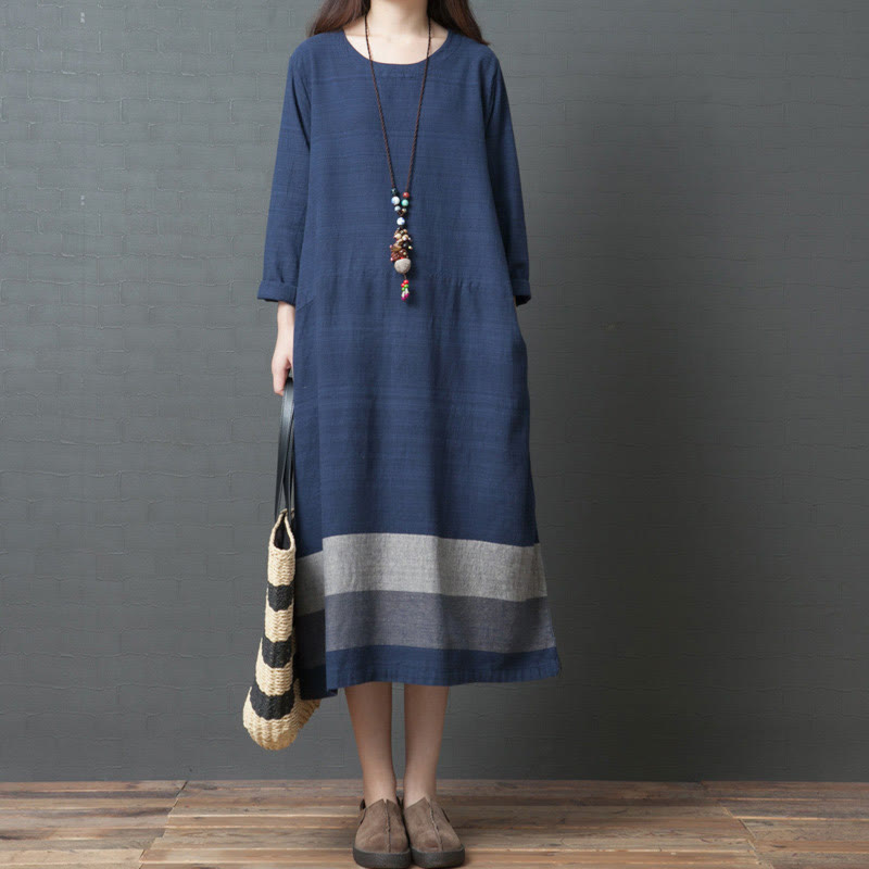 Vestido midi informal de lino y algodón de manga larga con rayas y bolsillos de Buddha Stones - Azul acero - US8-10，UK/AU12-14，EU40-42 (2XL) - image 0