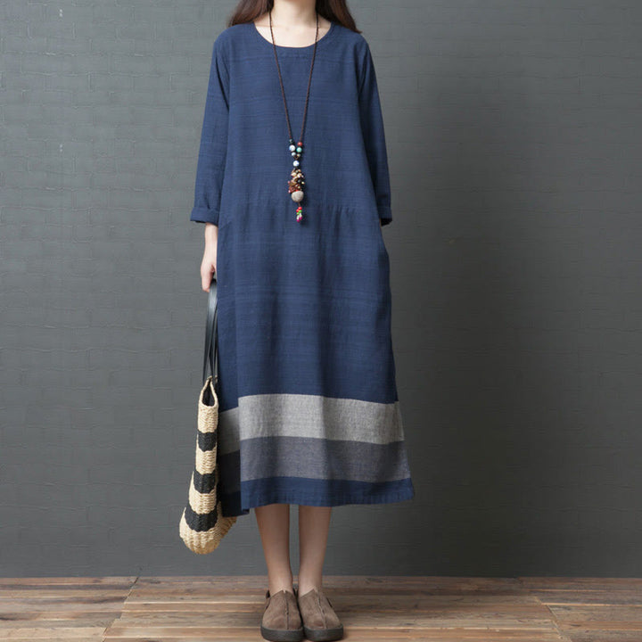 Vestido midi informal de lino y algodón de manga larga con rayas y bolsillos de Buddha Stones - Azul acero - US8-10，UK/AU12-14，EU40-42 (2XL) - image 0
