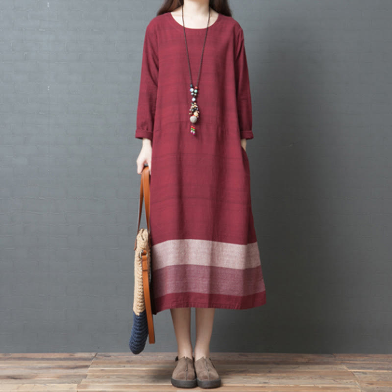 Vestido midi informal de lino y algodón de manga larga con rayas y bolsillos de Buddha Stones - Carmesí - US8-10，UK/AU12-14，EU40-42 (2XL) - image 11