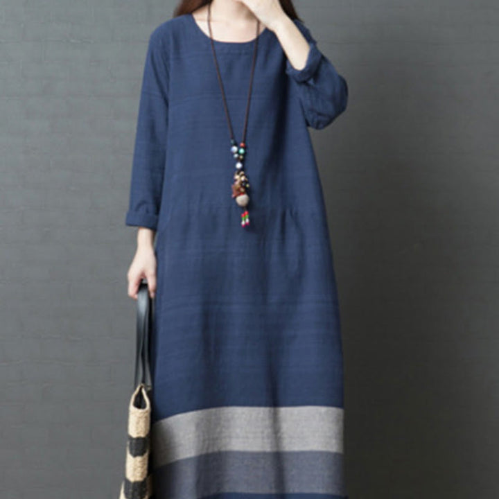 Vestido midi informal de lino y algodón de manga larga con rayas y bolsillos de Buddha Stones - image 8