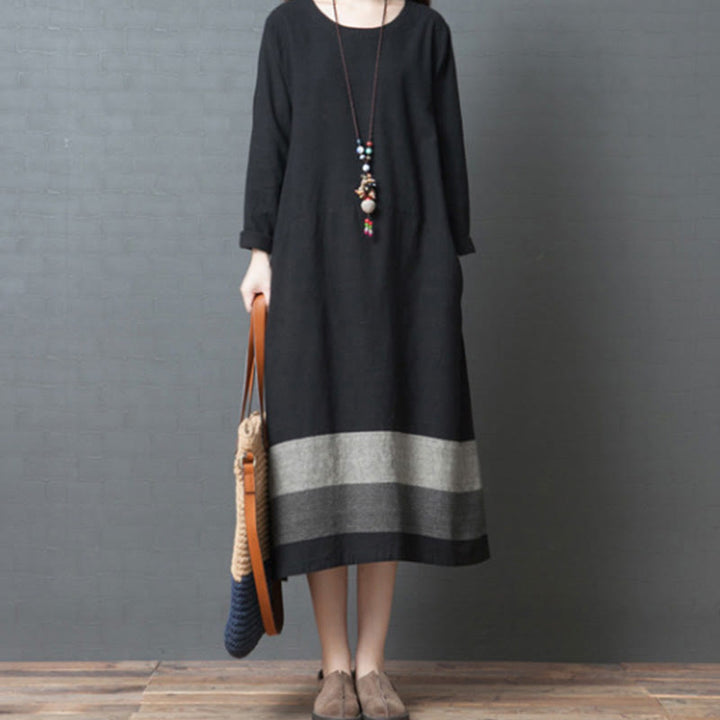 Vestido midi informal de lino y algodón de manga larga con rayas y bolsillos de Buddha Stones - Negro - US8-10，UK/AU12-14，EU40-42 (2XL) - image 13
