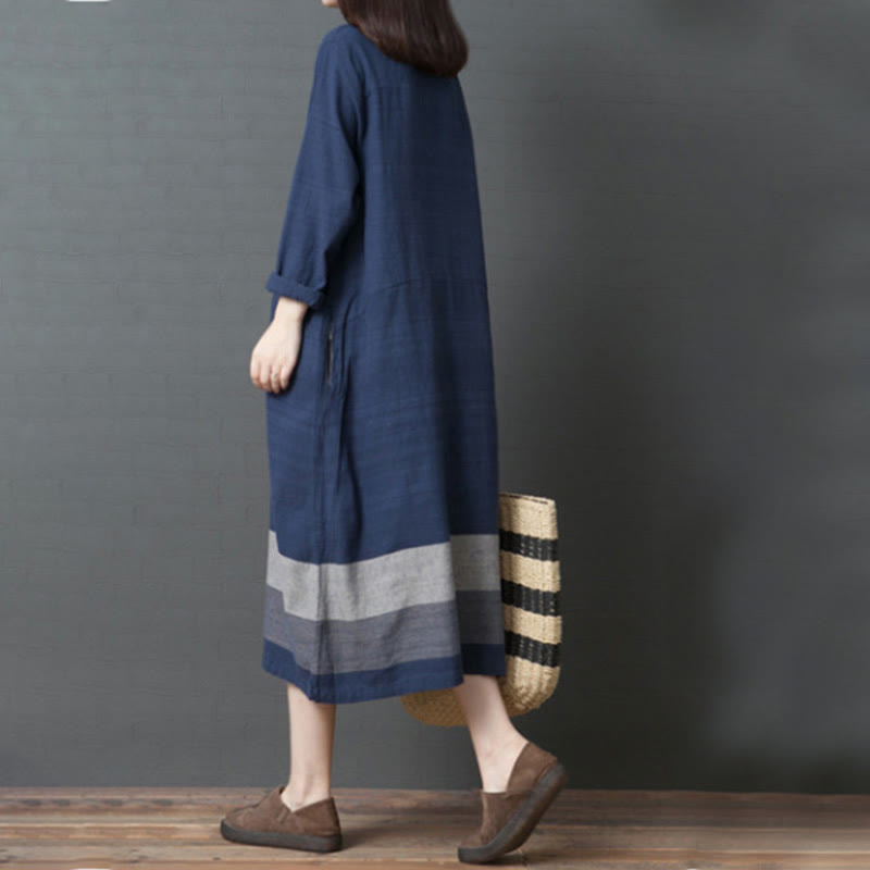 Vestido midi informal de lino y algodón de manga larga con rayas y bolsillos de Buddha Stones - image 3
