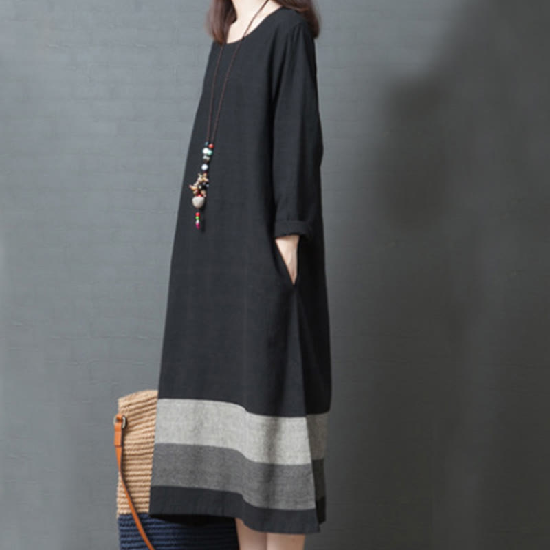 Vestido midi informal de lino y algodón de manga larga con rayas y bolsillos de Buddha Stones - image 15