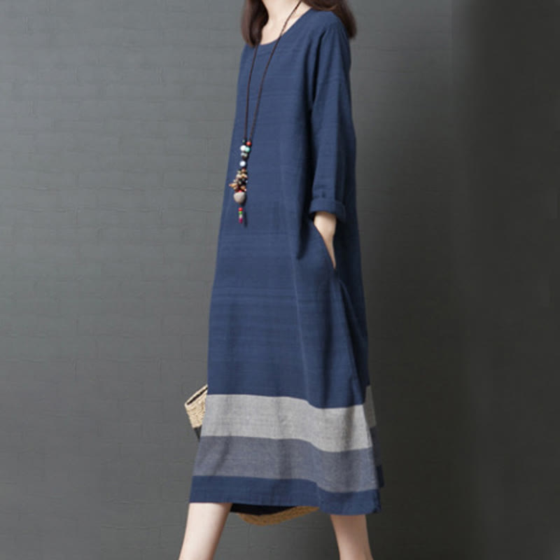 Vestido midi informal de lino y algodón de manga larga con rayas y bolsillos de Buddha Stones - image 7
