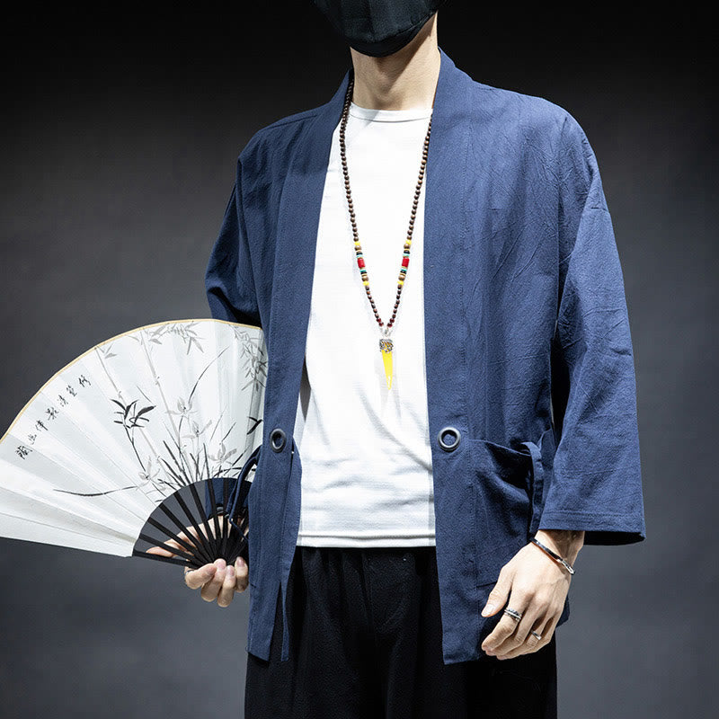 Chaqueta tipo kimono de algodón para hombre con diseño de Buddha Stones, color liso, con cordones y abertura frontal - Azul acero - US/UK/AU46, EU56 (5XL) - image 0