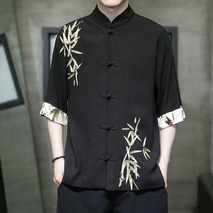 Camisa de lino y bambú de manga corta con botones de rana para hombre de Buddha Stones - Negro - US/UK/AU42, EU52 (3XL) - image 2