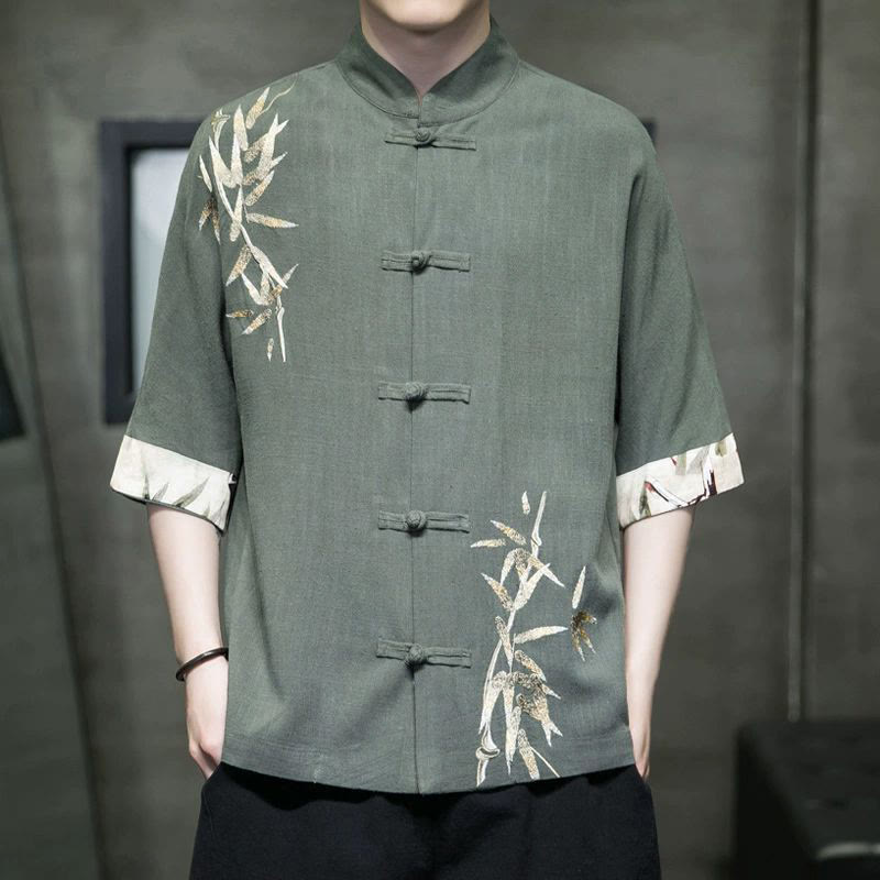 Camisa de lino y bambú de manga corta con botones de rana para hombre de Buddha Stones - Verde mar oscuro - US/UK/AU42, EU52 (3XL) - image 6