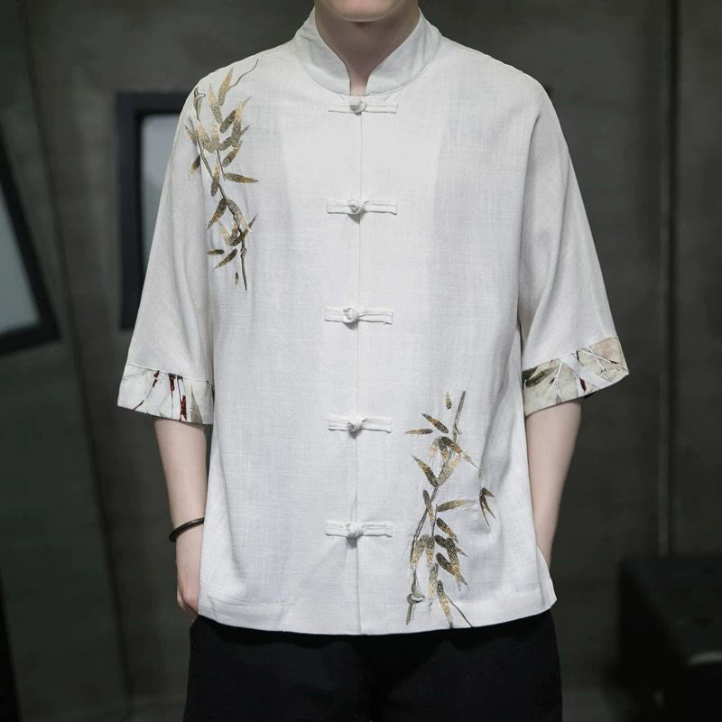 Camisa de lino y bambú de manga corta con botones de rana para hombre de Buddha Stones - Blanco - US/UK/AU42, EU52 (3XL) - image 0