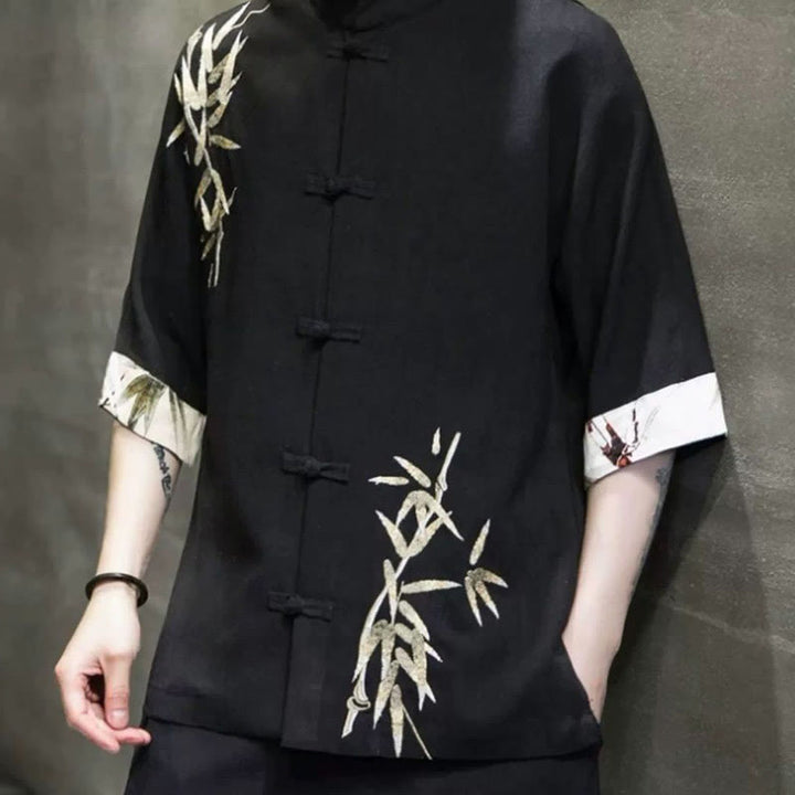 Camisa de lino y bambú de manga corta con botones de rana para hombre de Buddha Stones - image 3