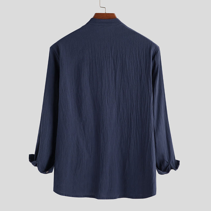 Camisa de manga larga de algodón para hombre con Buddha Stones, color liso y hasta medio botón. - image 5
