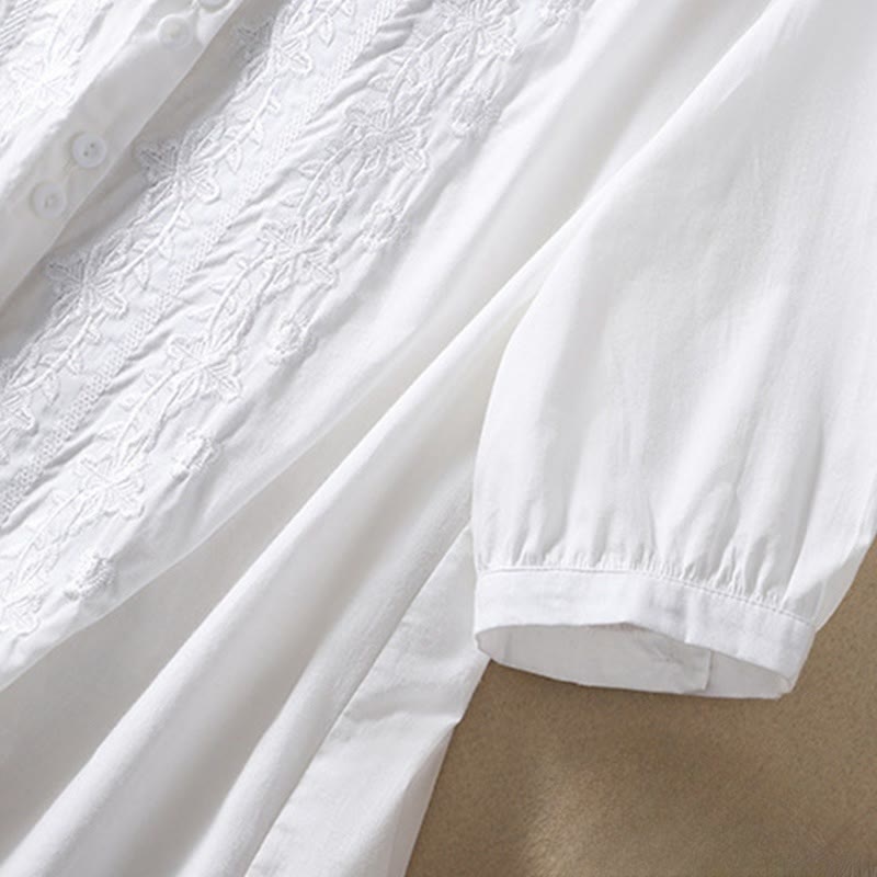 Camisa de lino y algodón con solapa y manga tres cuartos para mujer, con estampado floral, bordado y botones lisos de Buddha Stones - image 9