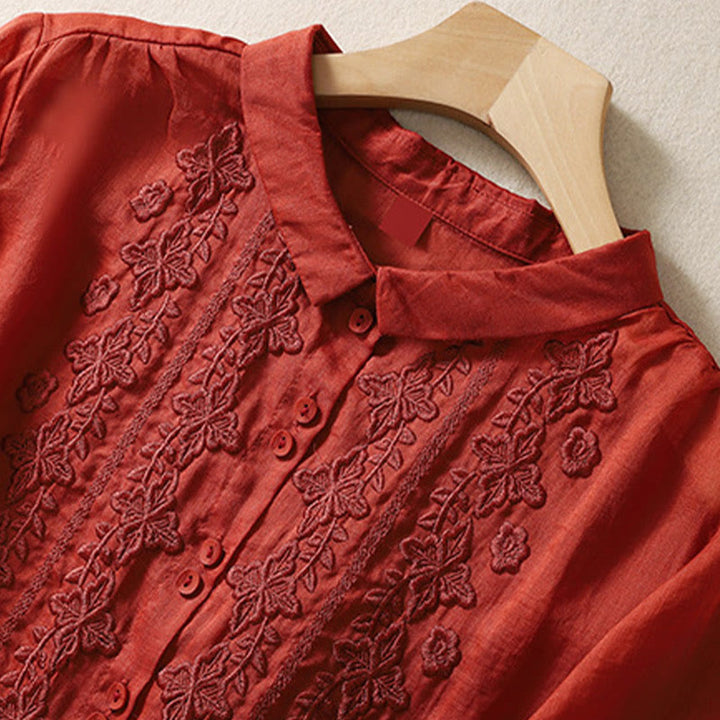 Camisa de lino y algodón con solapa y manga tres cuartos para mujer, con estampado floral, bordado y botones lisos de Buddha Stones - image 21